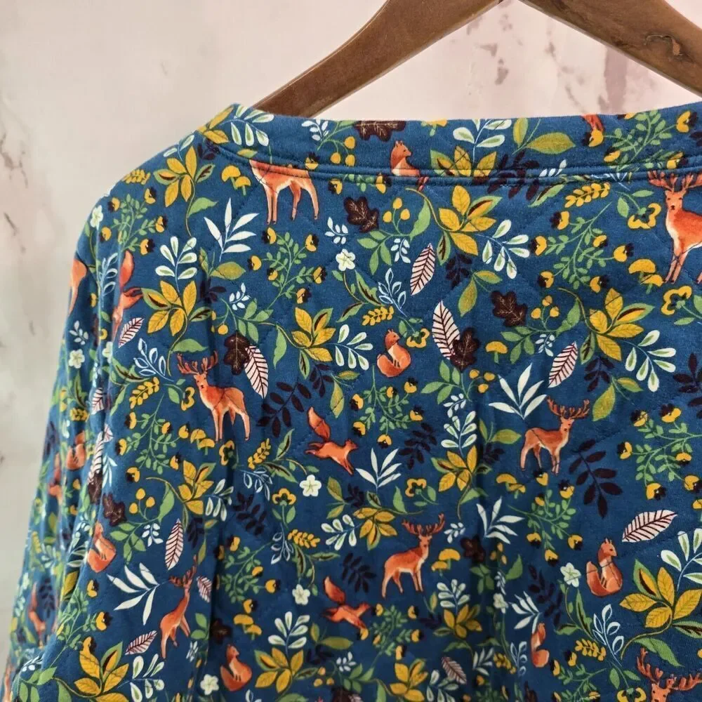 Talbots Pullover Womens Large Woodland Ditsy Quilted Sweatshirt Fox Deer Acorn - Picture 5 of 12